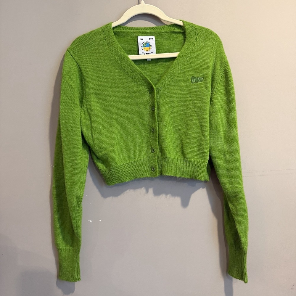 UNIF Sweater Womens S Green Cropped Cardigan Knit Button Up Long Sleeve Angora